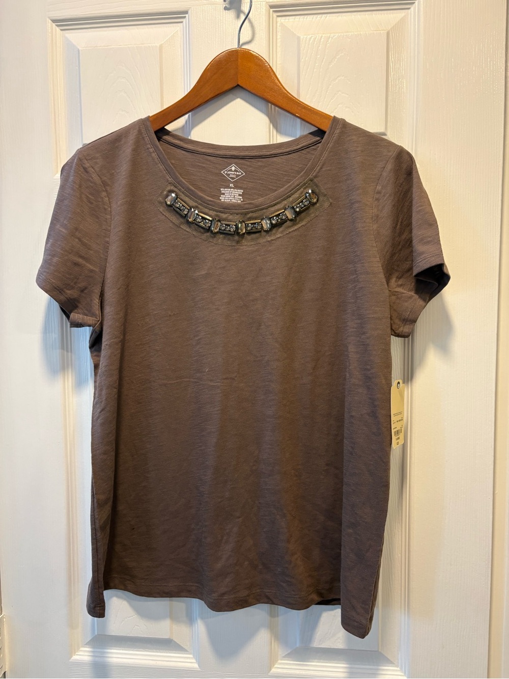St. John's Bay Embellished Crewneck Short Sleeve Top - Taupe